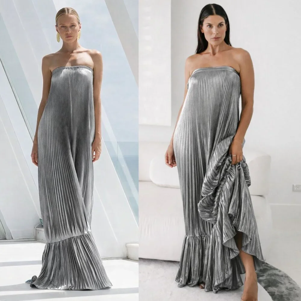 L'idee‎ Fantasia Dress Silver Grey Pleated Strapless Metallic Shift Gown Size 2